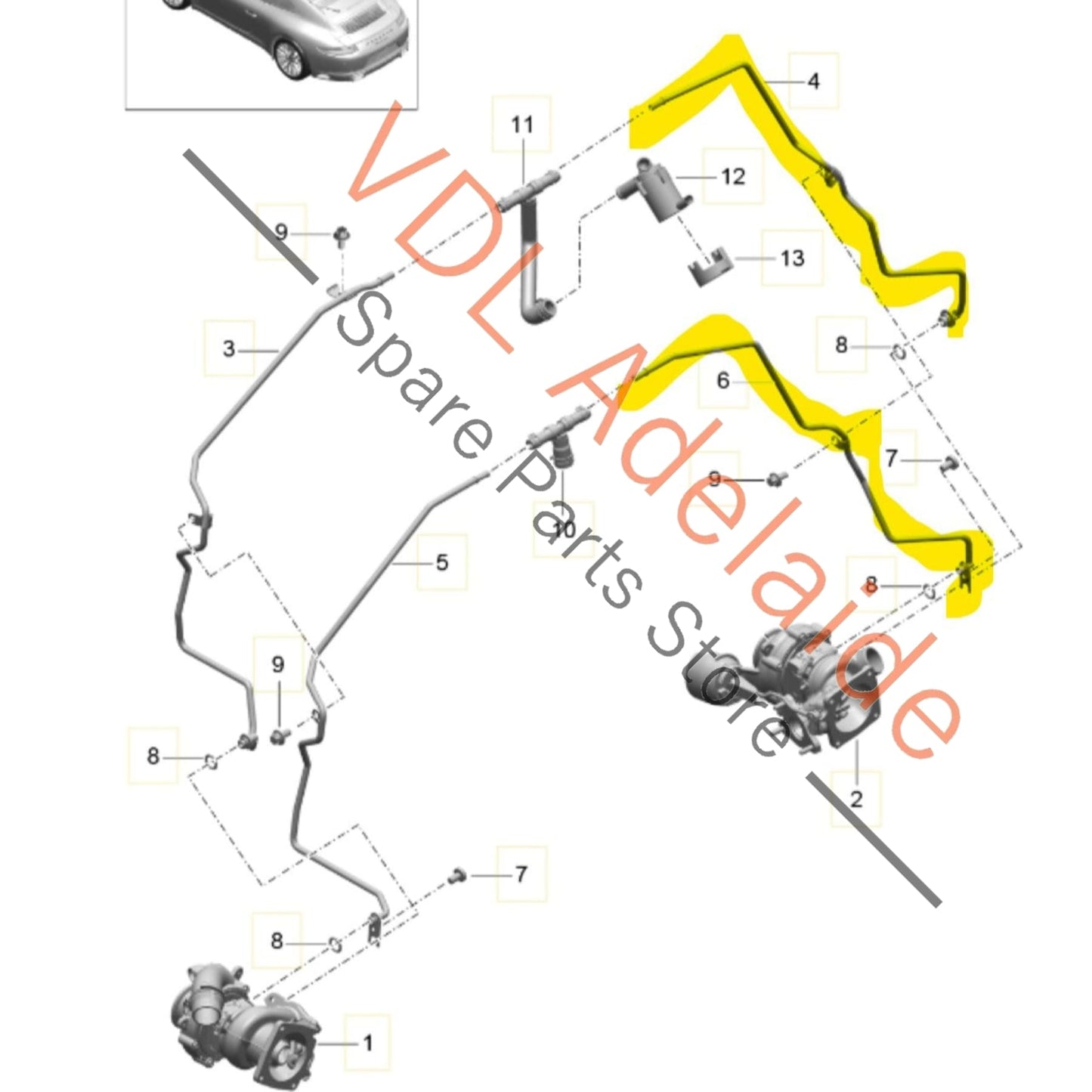9A210608400 9A210608200 Porsche 911 Turbocharger Coolant Feed and Return Hose Pipe RHS 9A210608400 9A210608200