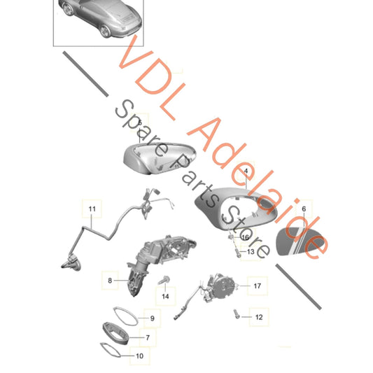 99173103702 991731719041 99173121911 Porsche 911 Left Side Exterior Mirror Rear View Complete for RHD models 99173103702 99173171904 99173121911