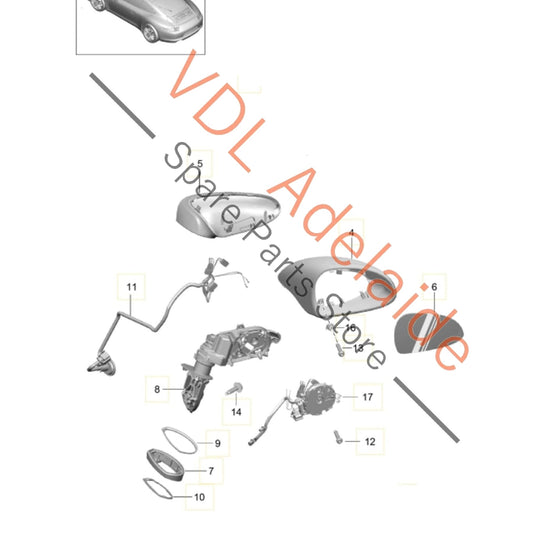 99173103602 99173172006G2X
99173122011 Porsche 911 Right Side Exterior Mirror Rear View Complete for RHD models 99173103602 99173172006 99173122011