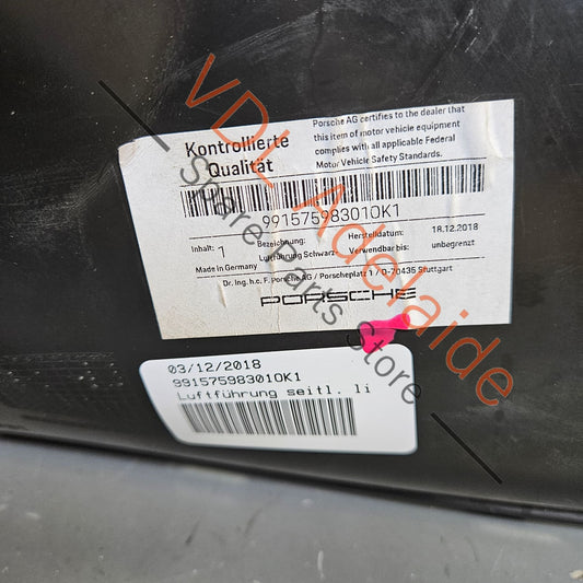 99157598301 Porsche 911 991.2 Left Side Radiator Air Duct 99157598301 OK1 BRAND NEW GENUINE