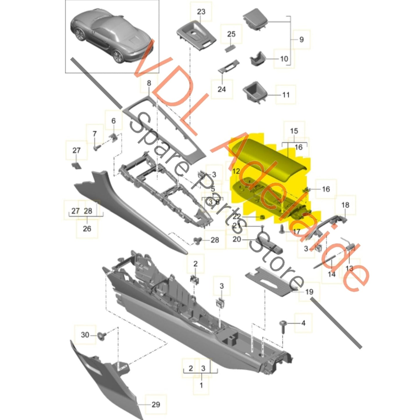 98155323102DK4   Porsche Boxster Cayman Centre Console Arm Rest Leather 98155323102 DK4