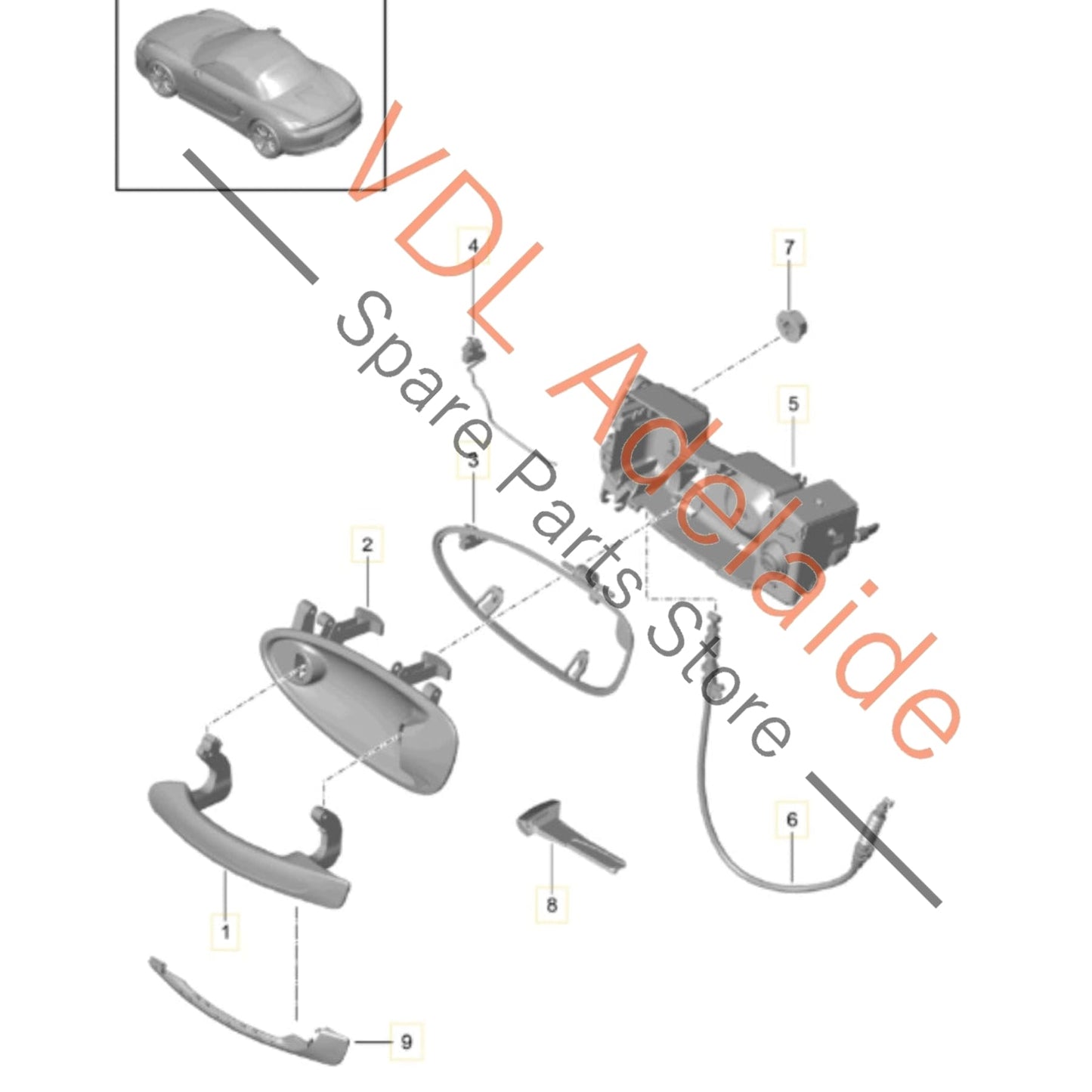 98153891204    Porsche Cayman Boxster 981 Left Exterior Door Handle 98153706301 Racing Yellow 1S1, P3 / 1S1