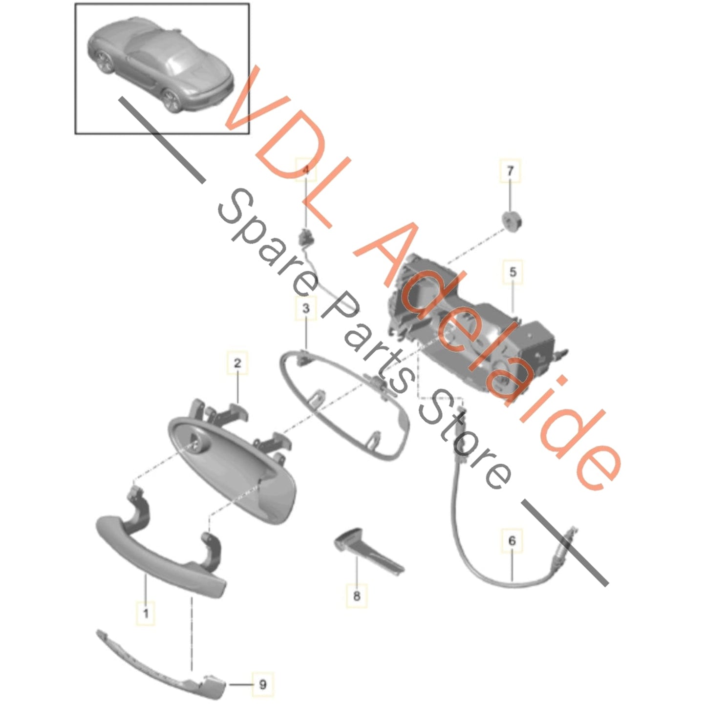 98153891202    Porsche Cayman Boxster 981 Right Exterior Door Handle 98153891202 Lock Set Racing Yellow 1S1, P3 / 1S1