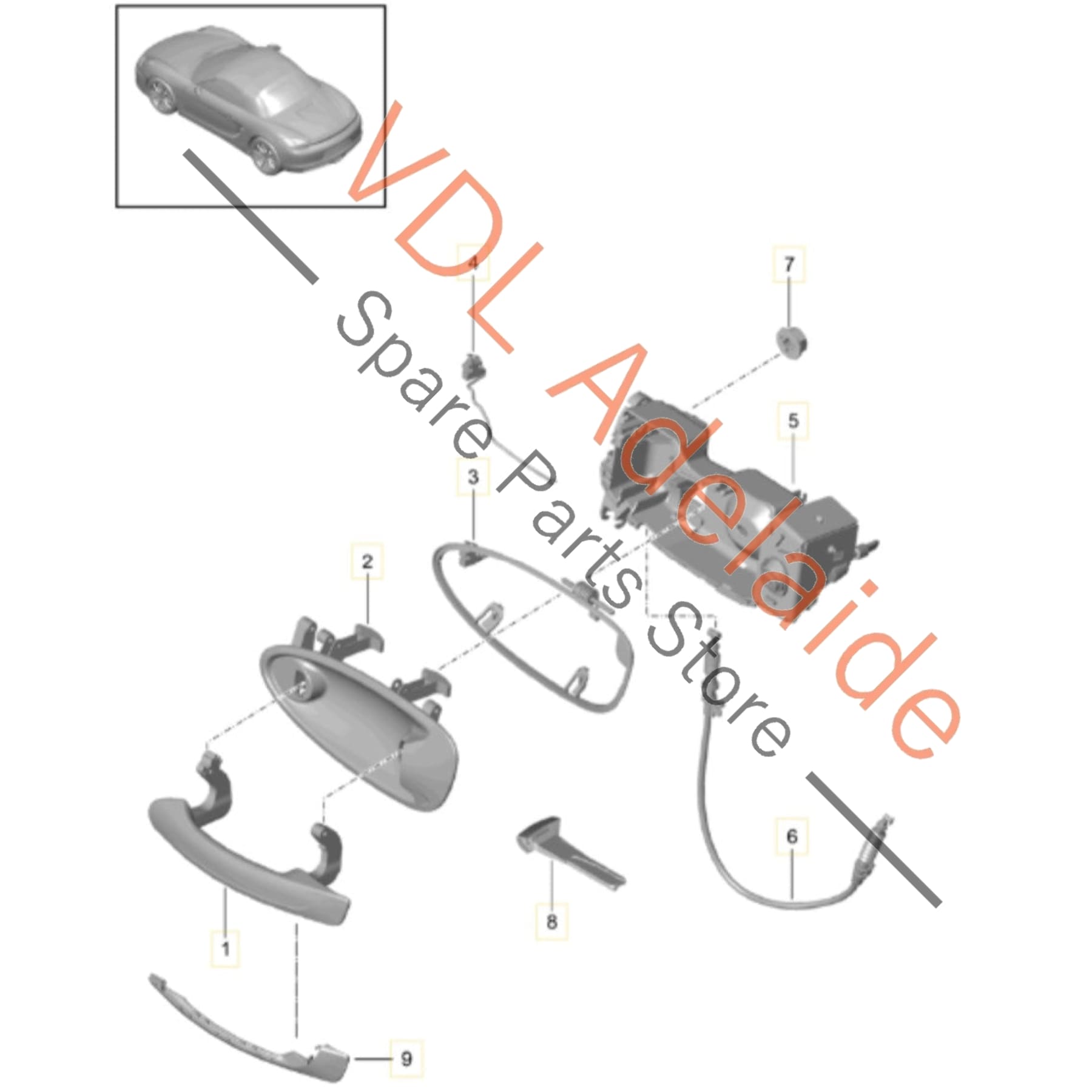 98153891202    Porsche Cayman Boxster 981 Right Exterior Door Handle 98153891202 Lock Set Racing Yellow 1S1, P3 / 1S1