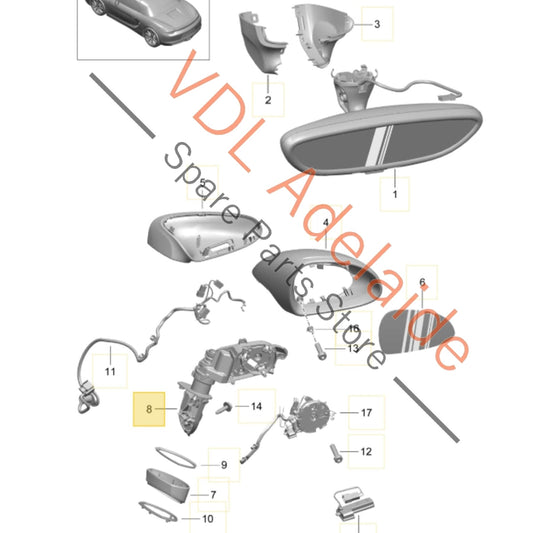 99173121909    Porsche 981 Boxster Cayman Left Side Manual Fold Mirror Base 99173121909