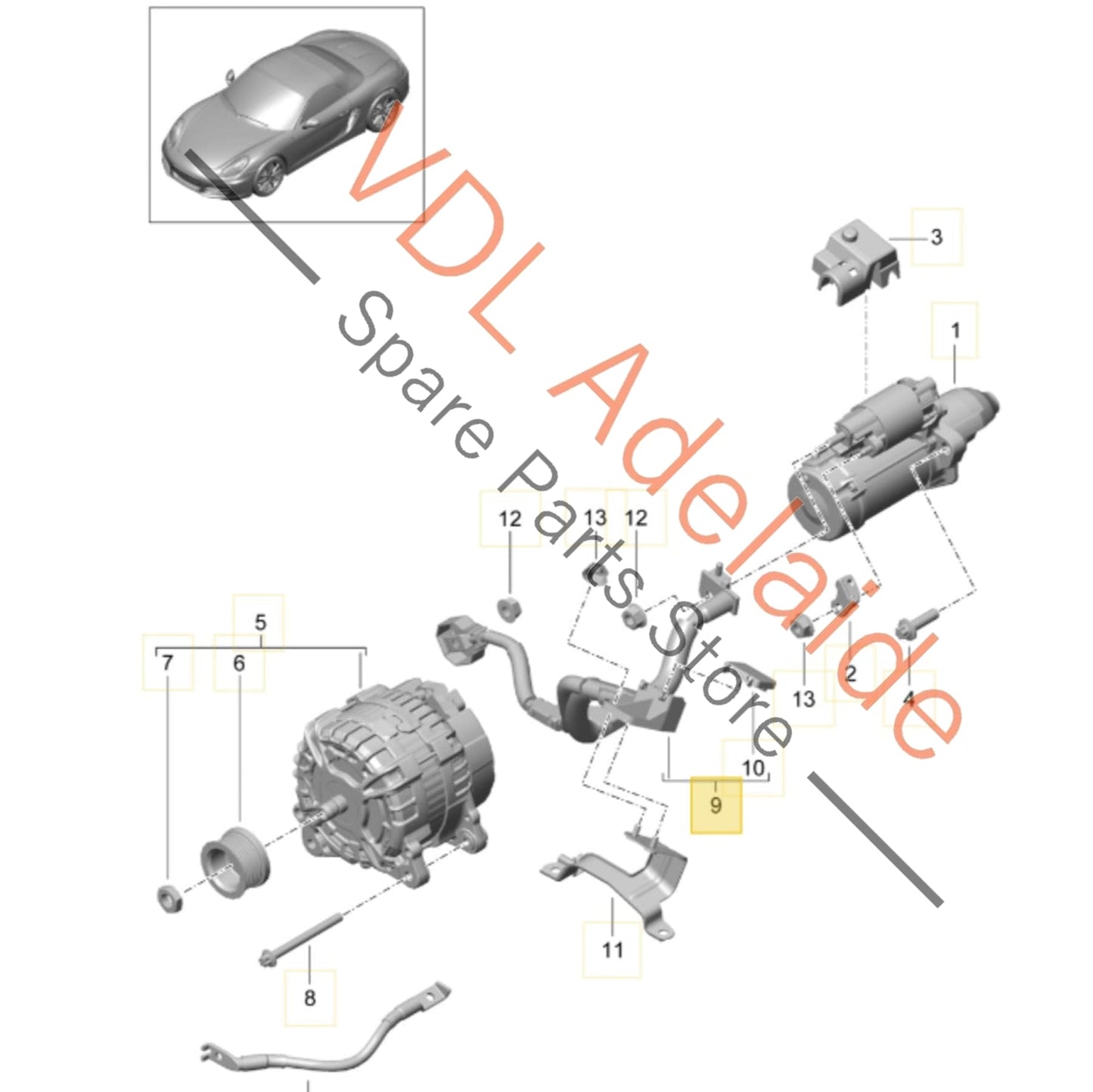 9A160707802 9A160707803 Porsche Cayman Boxster Starter & Alternator Wiring Harness Cable Set 9A160707803