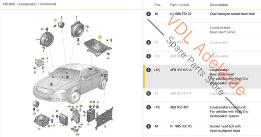 4E0035621A Audi A8 S8 Subwoofer Parcel Shelf Mounted Woofer 4E0035621A