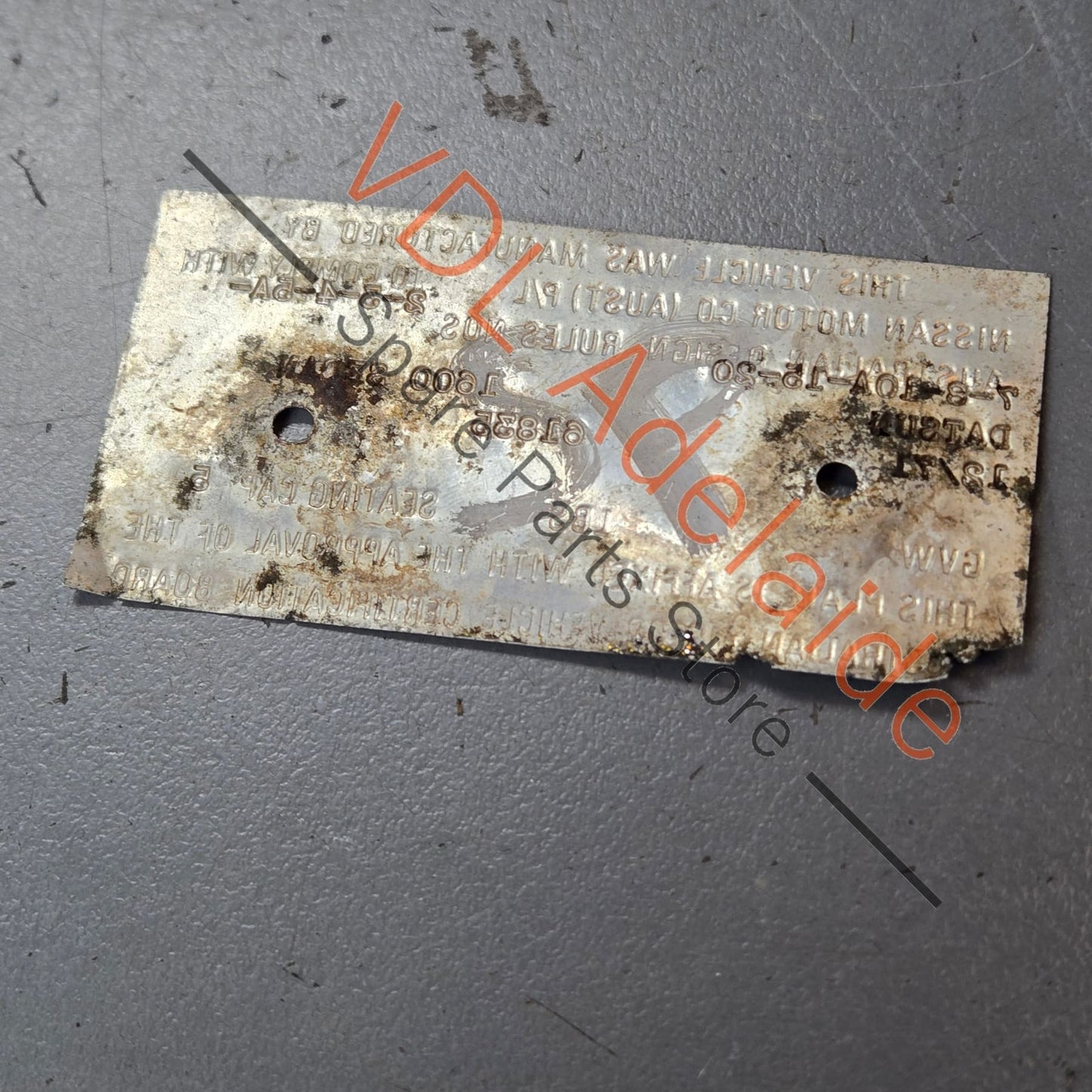 Datsun 1600 Sedan Australian Delivered Chassis ID & Compliance Tags Nostalgic value only, not for registration #61835