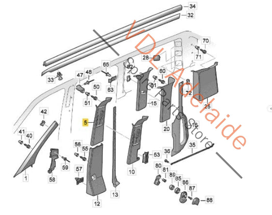7E5867244F 7H5867244L VW Transporter T5 T6 Right Side B Pillar Trim Upper pearl grey fabric