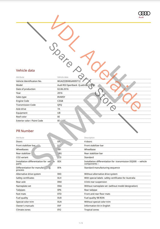 Audi VIN Digital Report - Option Codes Build Date Colour