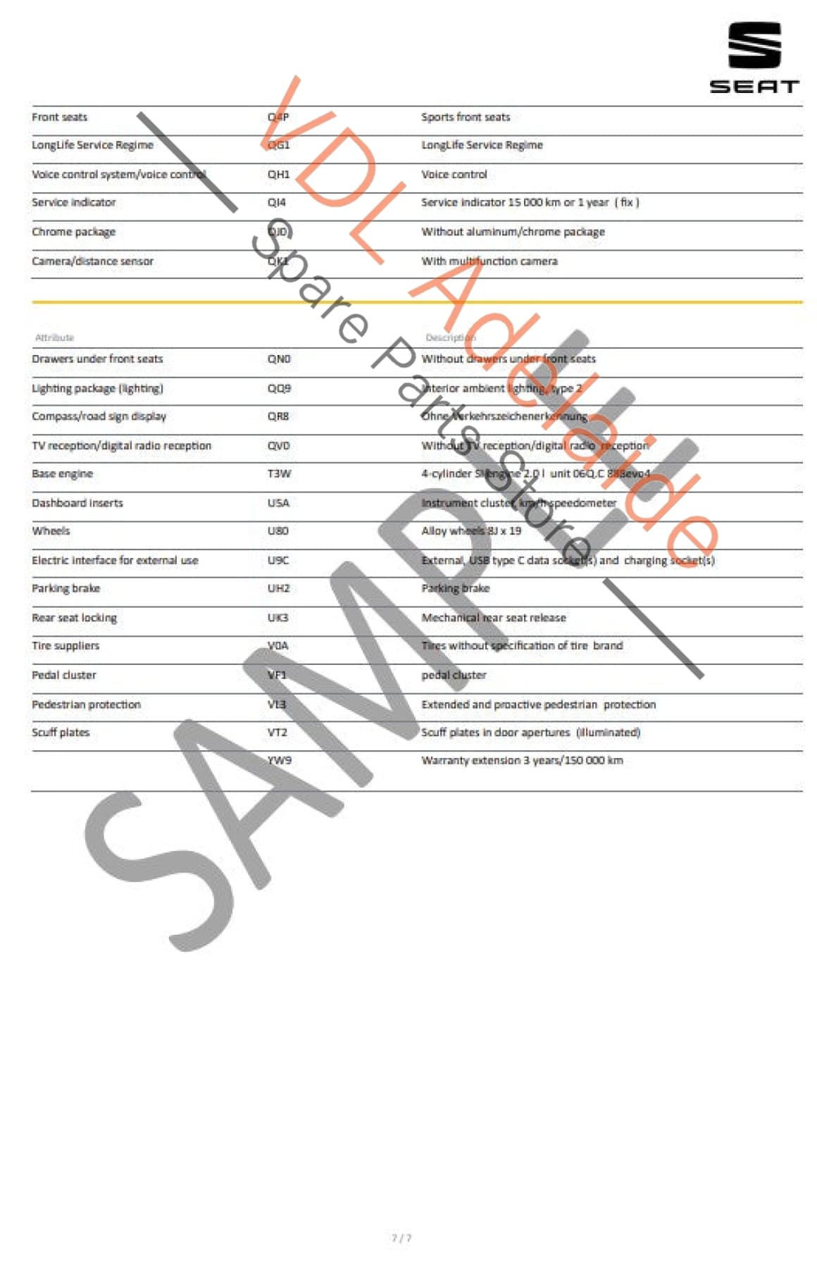 Cupra Seat VIN Digital Report - Option Codes Build Date Colour