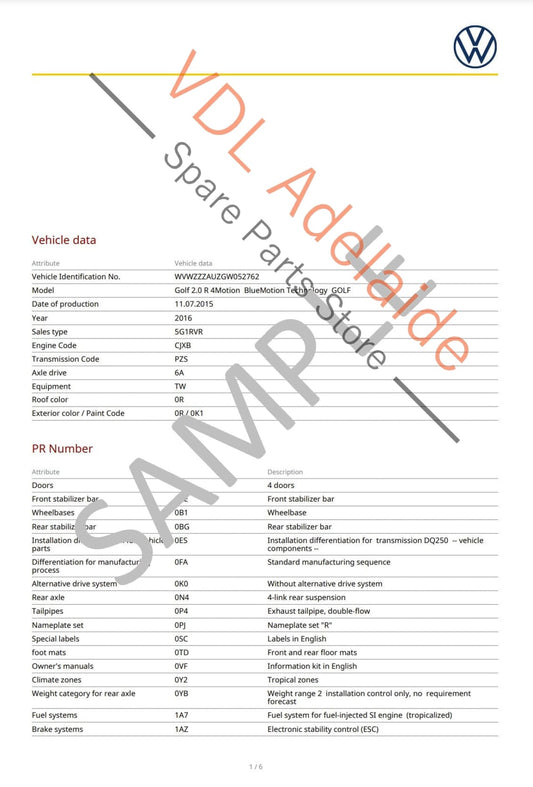 Volkswagen VW VIN Digital Report - Option Codes Build Date Colour