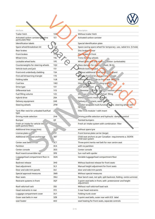 Volkswagen VW VIN Digital Report - Option Codes Build Date Colour