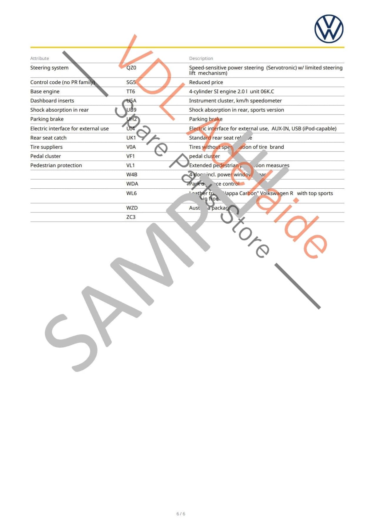Volkswagen VW VIN Digital Report - Option Codes Build Date Colour
