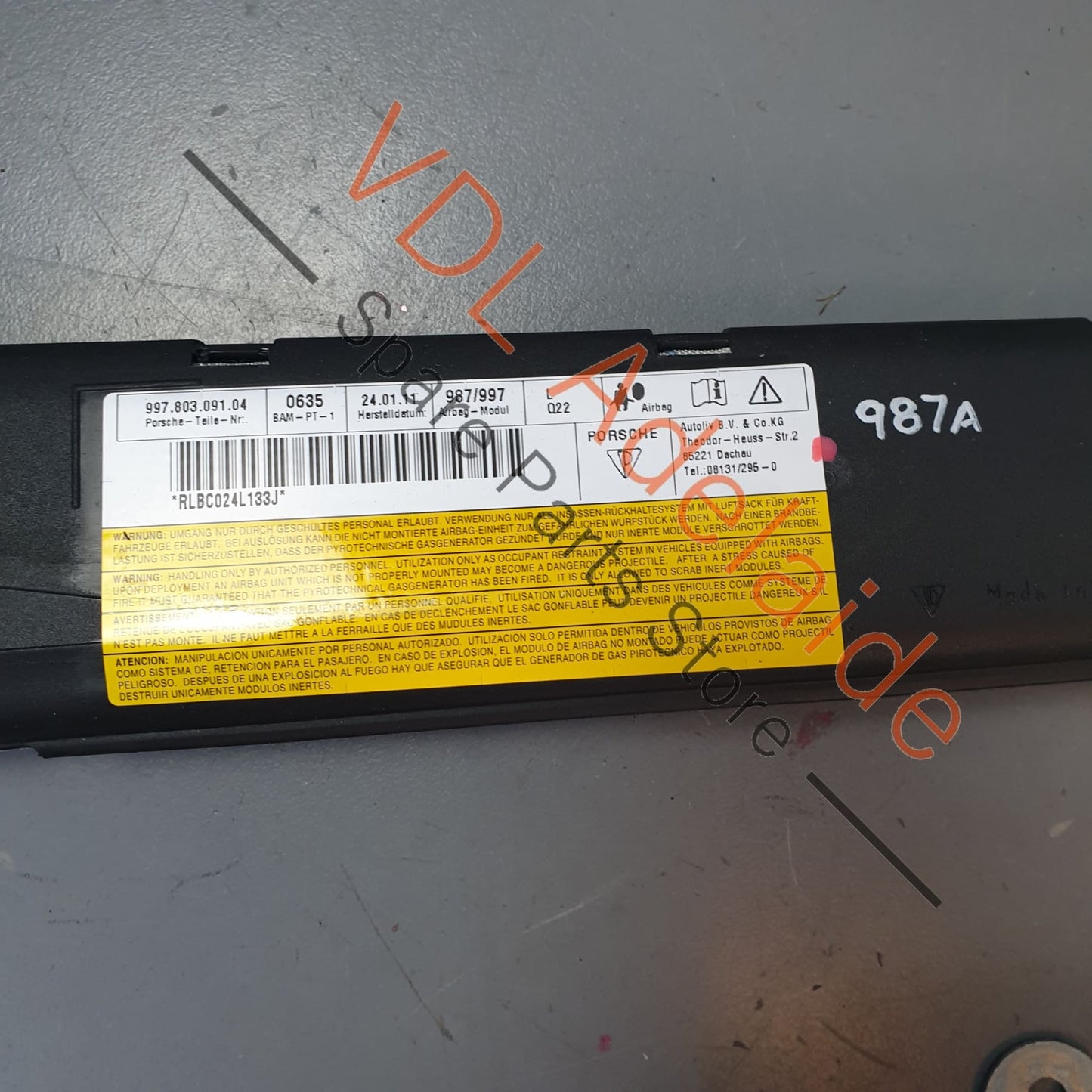 Porsche Cayman R 987 Left Side Head Airbag Unit 99780309104