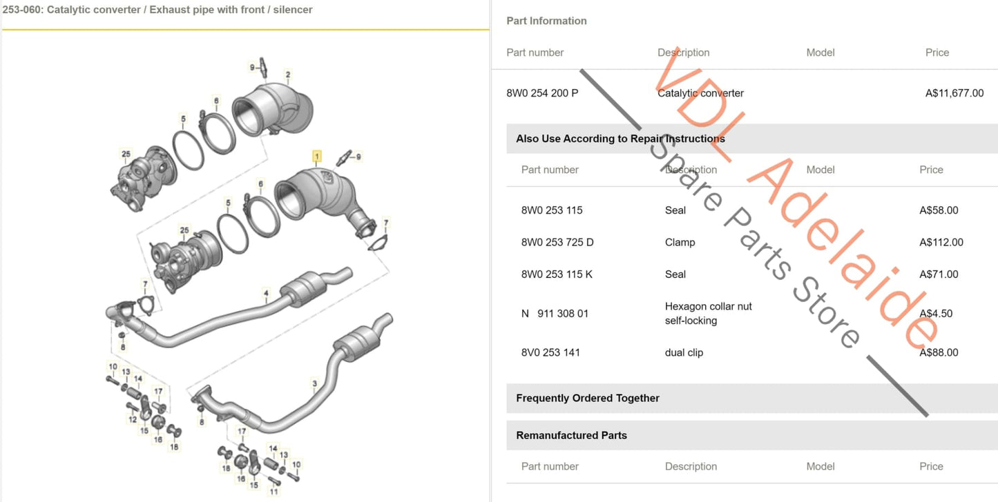 8W0254200P Audi RS5 F5 B9 RS4 Left Side Catalytic Converter Exhaust