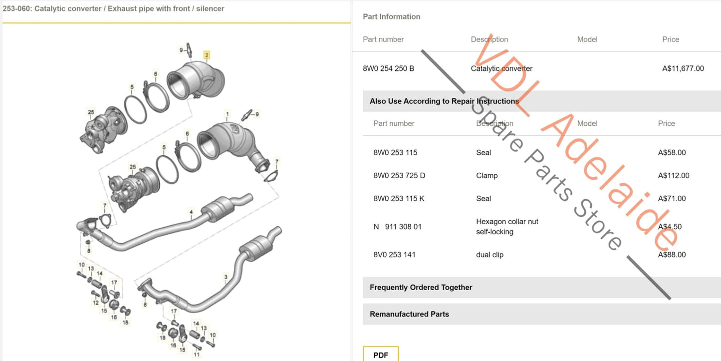 8W0254250B Audi RS5 F5 B9 RS4 Right Side Catalytic Converter Exhaust