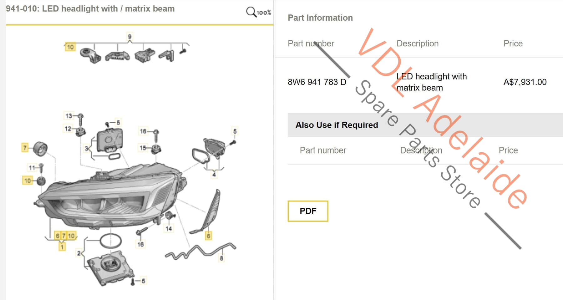 8W6941783D Audi RS5 F5 B9 LED With Matrix Beam Left Side Headlight for RHD Model 8W6941783D