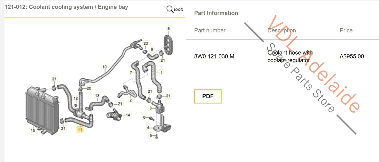 8W0121030M Audi RS5 F5 B9 Additional Radiator Coolant Hose Pipe with Shut off Valve Regulator 8W0121030M