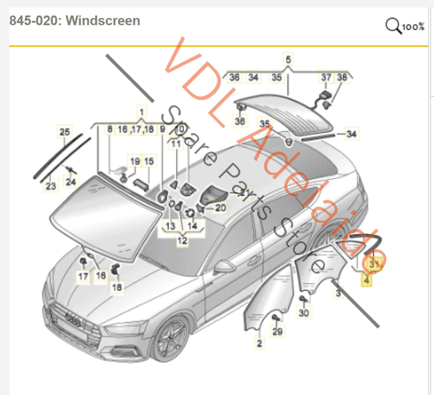 8W8845297C Audi RS5 F5 B9 Sedan Rear Quarter Window Left Tinted 8W8845297C 8W8845297J
