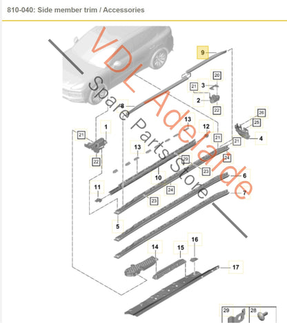 9Y0853540 9Y0853540OK1  Porsche Cayenne E3 9Y Right Rear Door Entry Sill Trim Plastic 9Y0853540