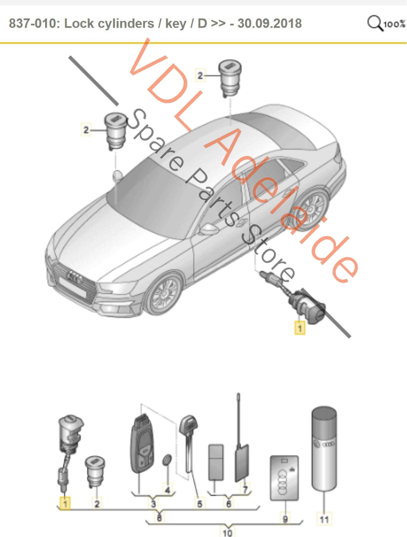 107837168DS   Audi A4 B9 Drivers Door Lock with Blade Key 107837168DS