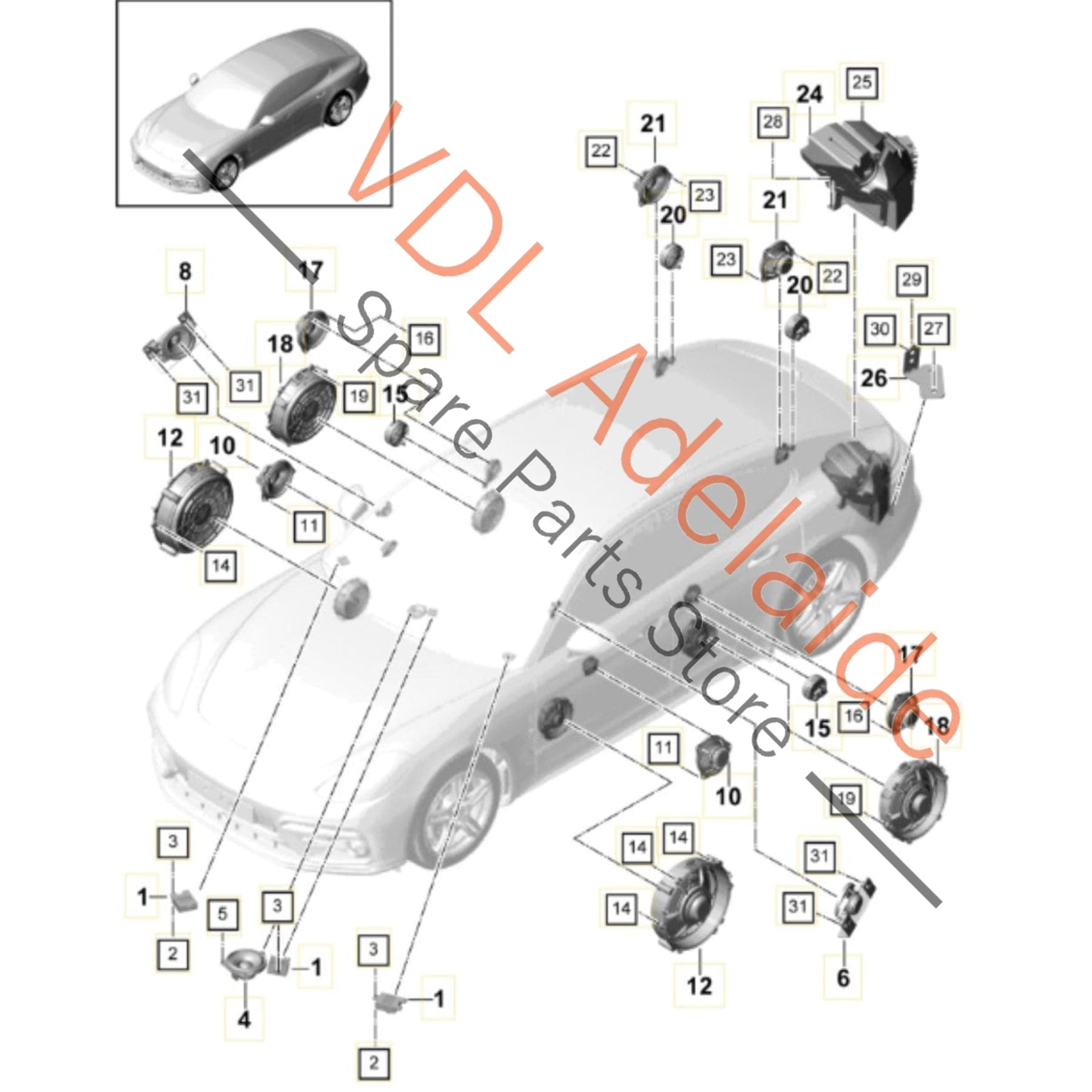 971035481D 971035454E 
971035453D   Porsche Panamera BOSE 12 Speaker Sound System Set Woofer Tweeter & Mid Range