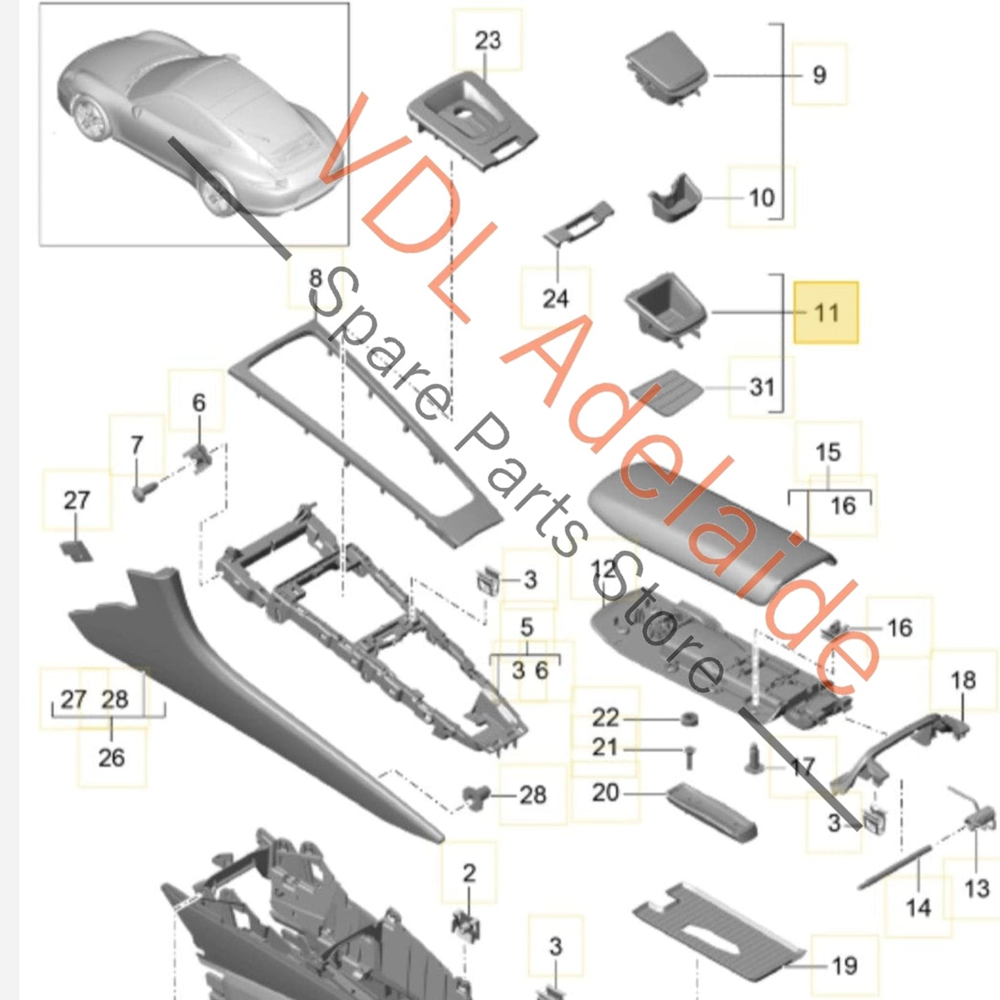 99155314300A05    Porsche 911 Centre Console Storage Compartment Coin Box 99155314300 A05 with liner