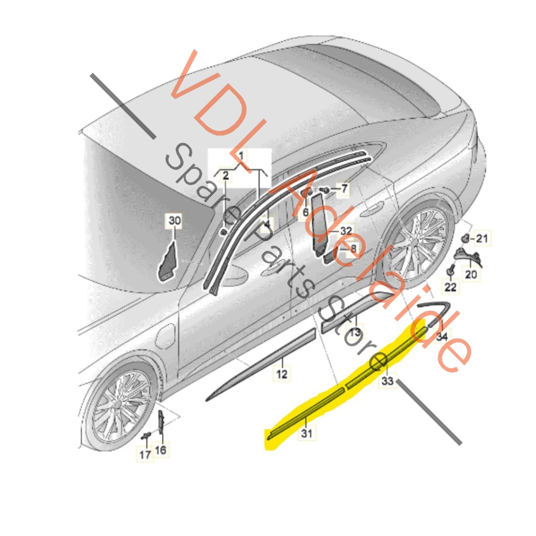 4J3837476C 4J3837475C 4J3839475C 4J3839476C Audi e-Tron GT Door Aperture Window Slot Seal Gloss Black Exterior Moulding Set