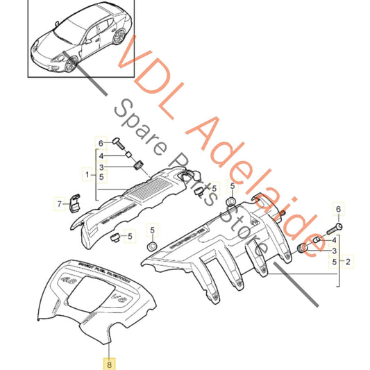 7PP130114    Porsche 4.8 V8 Engine Cover Front Trim with Badge Direct Injection 7PP130114