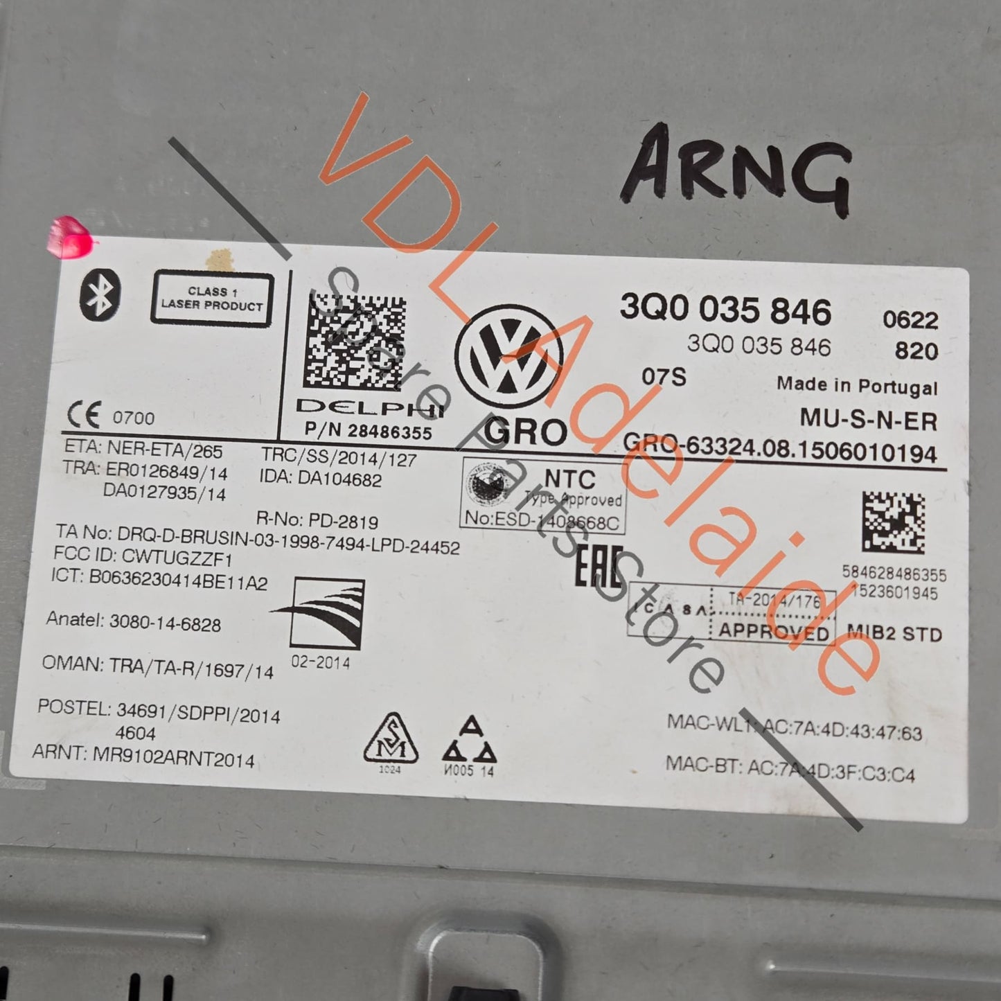 3Q0035846    VW MIB2 STD +2 ZR NAV MMI Central Computer Radio 3Q0035846