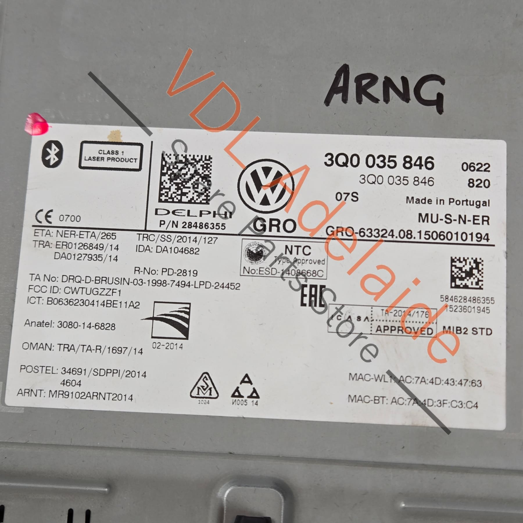 3Q0035846    VW MIB2 STD +2 ZR NAV MMI Central Computer Radio 3Q0035846
