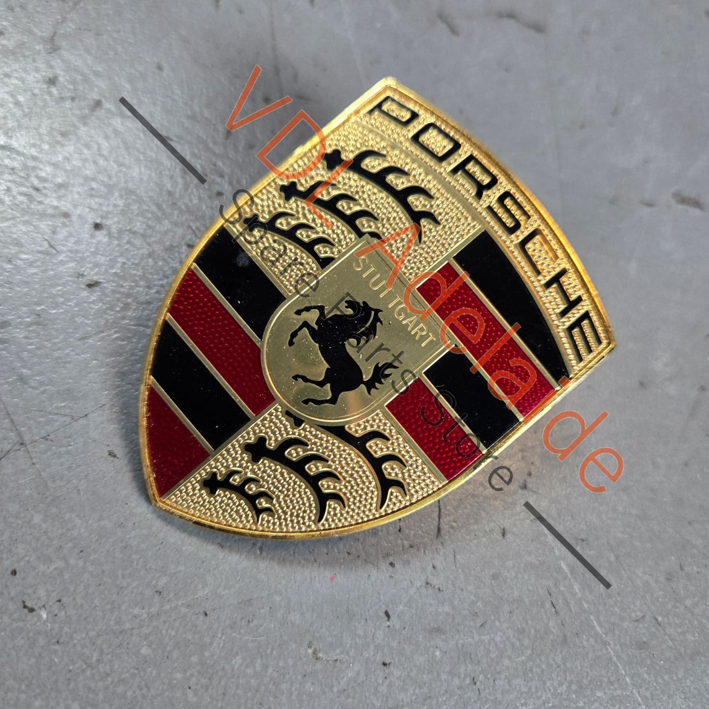 9P1853601    Porsche Bonnet Badge Emblem Gold 9P1853601 Cayenne 911 Boxster Macan