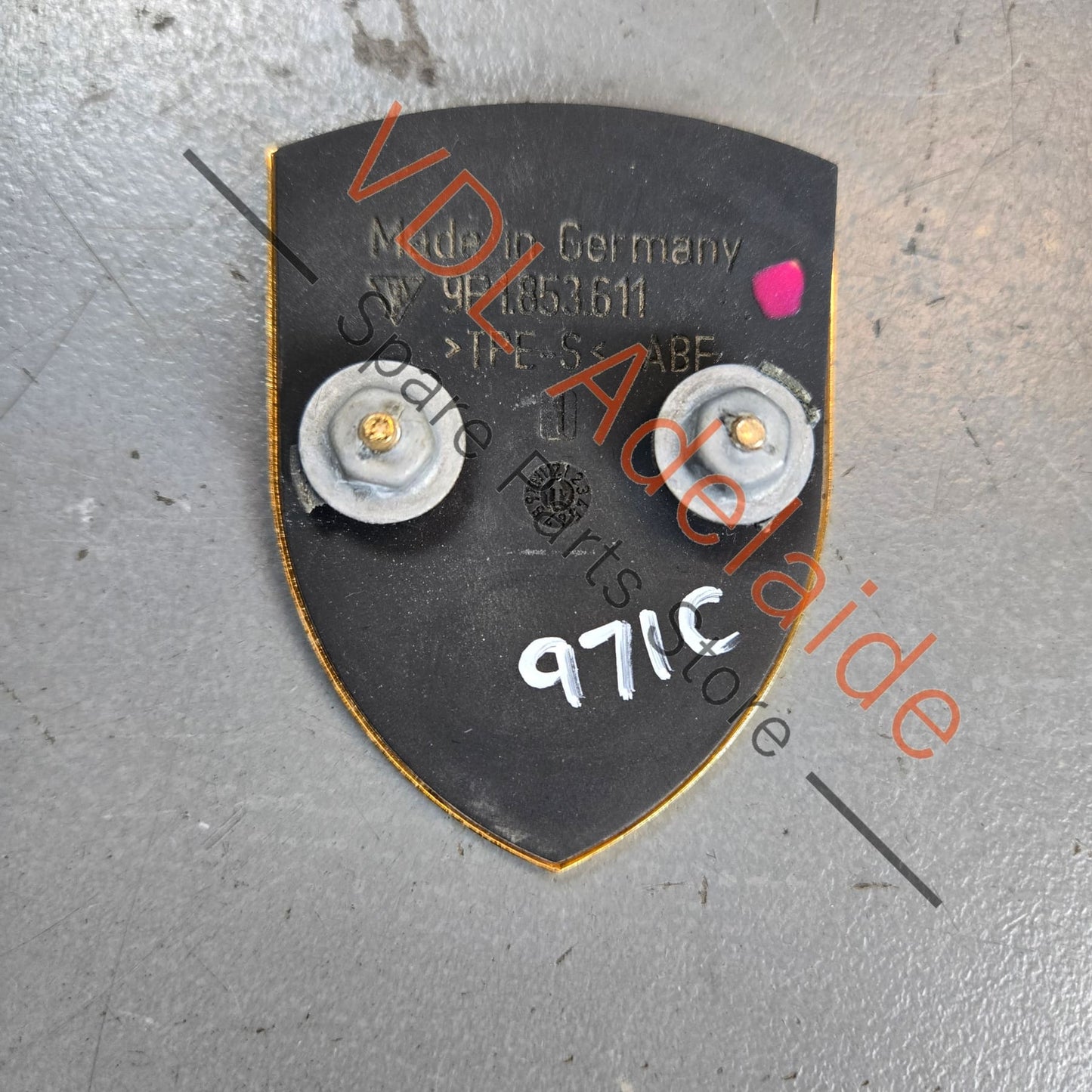 9P1853601    Porsche Bonnet Badge Emblem Gold 9P1853601 Cayenne 911 Boxster Macan