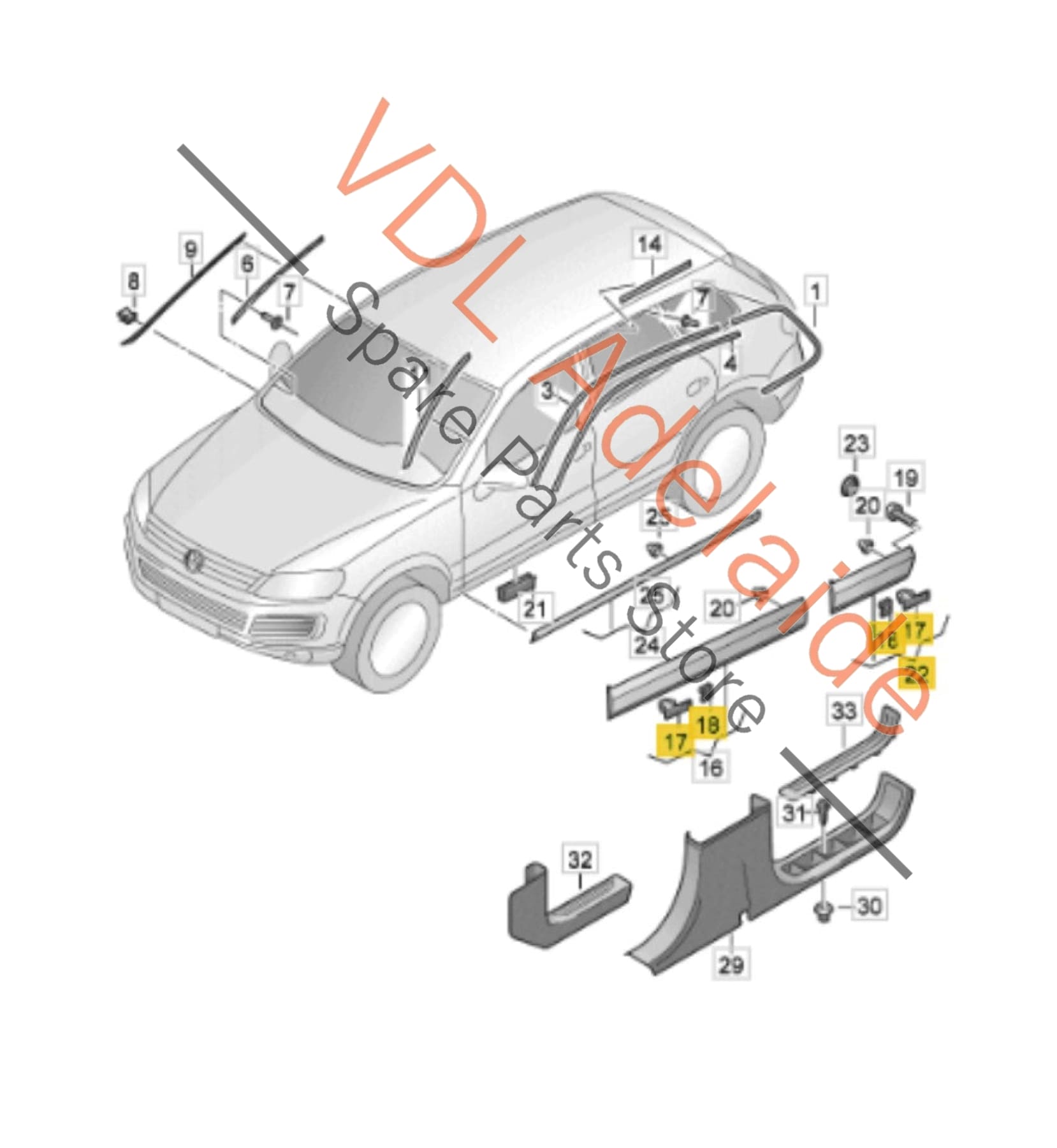 7P6854950H 7P6854950HGRU  VW Touareg 7P Right Rear Lower Door Exterior Moulding Trim 7P6854950H GRU