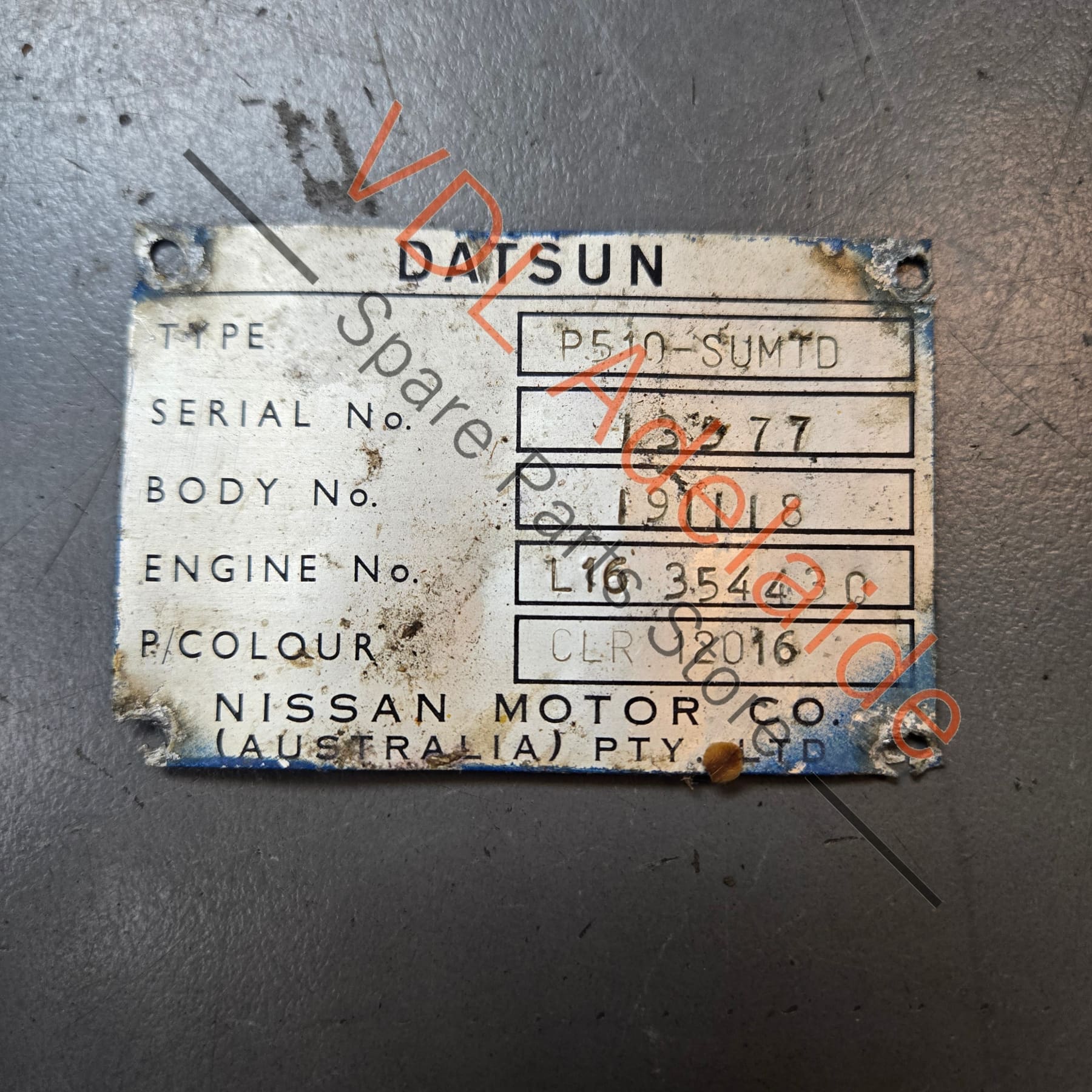 Datsun 1600 Sedan Australian Delivered Chassis ID Tag Nostalgic value only, not for registration #13577