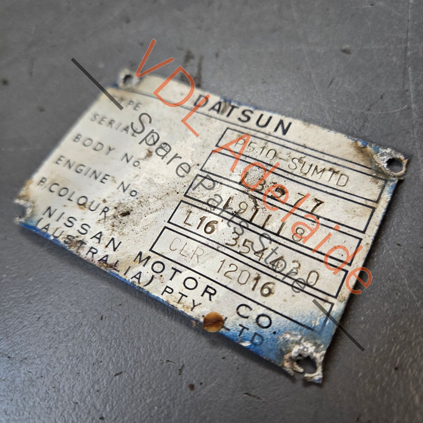 Datsun 1600 Sedan Australian Delivered Chassis ID Tag Nostalgic value only, not for registration #13577