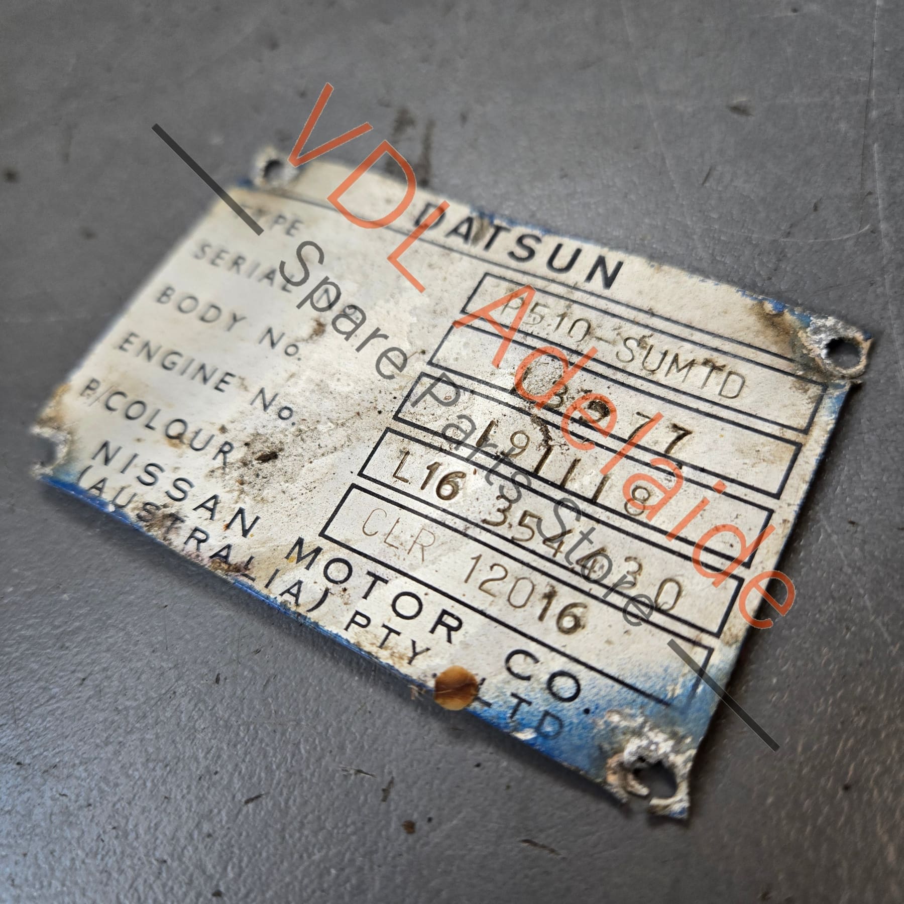 Datsun 1600 Sedan Australian Delivered Chassis ID Tag Nostalgic value only, not for registration #13577