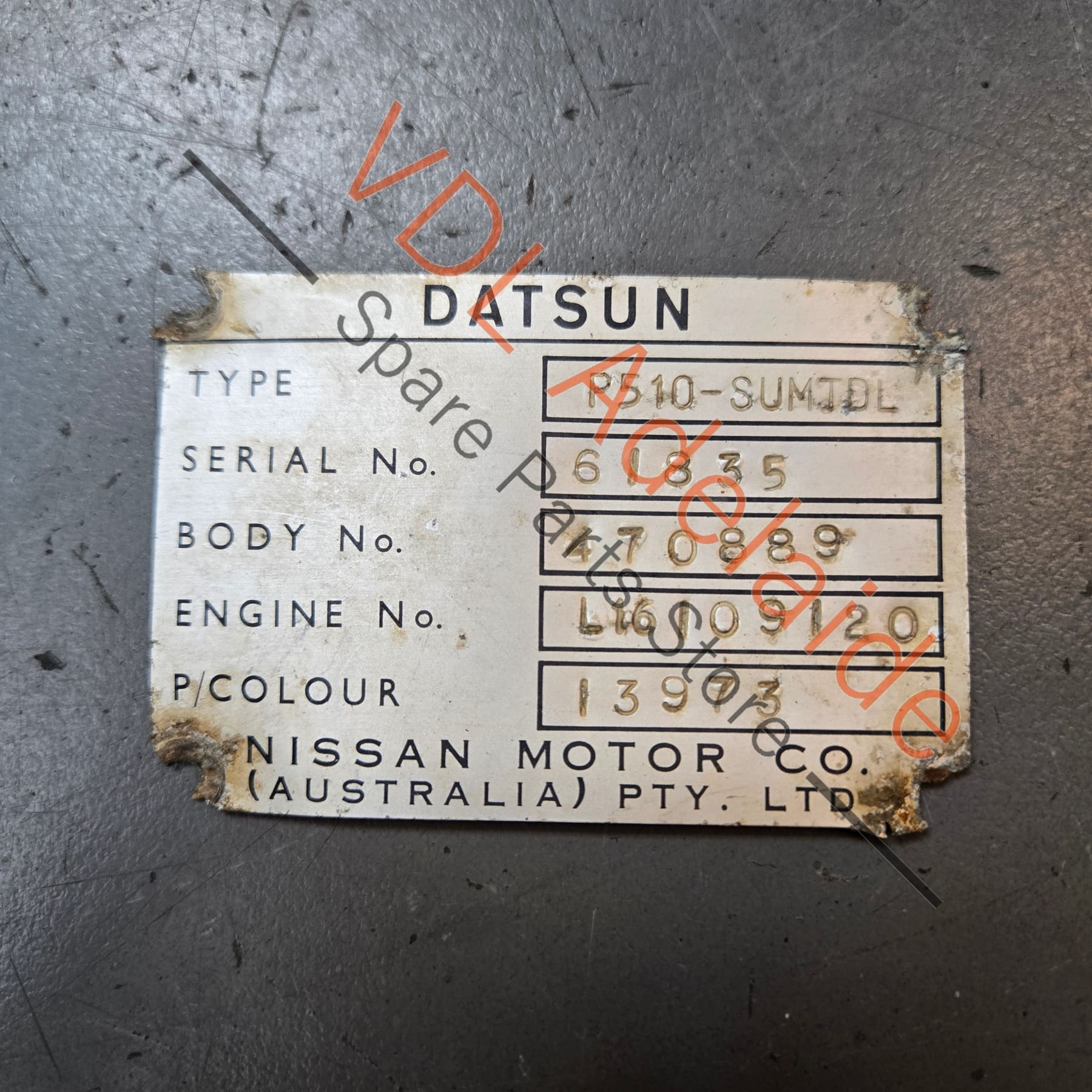 Datsun 1600 Sedan Australian Delivered Chassis ID & Compliance Tags Nostalgic value only, not for registration #61835