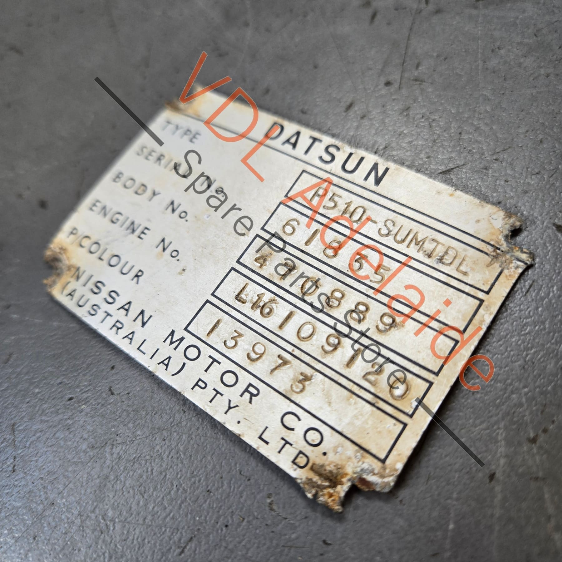 Datsun 1600 Sedan Australian Delivered Chassis ID & Compliance Tags Nostalgic value only, not for registration #61835