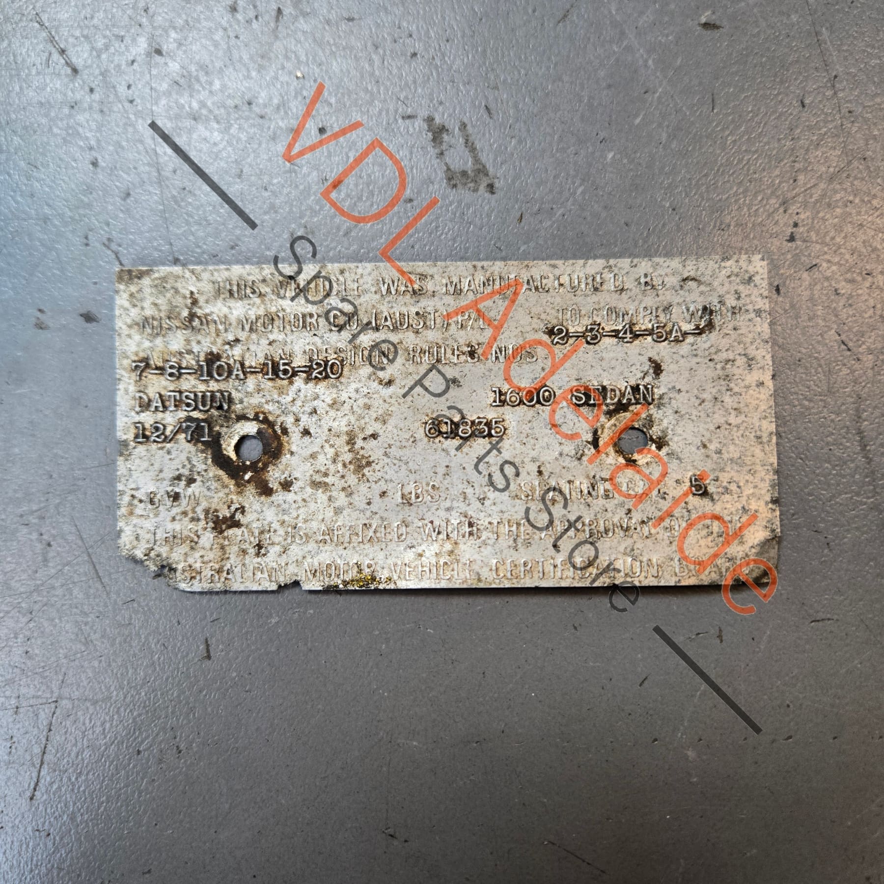 Datsun 1600 Sedan Australian Delivered Chassis ID & Compliance Tags Nostalgic value only, not for registration #61835