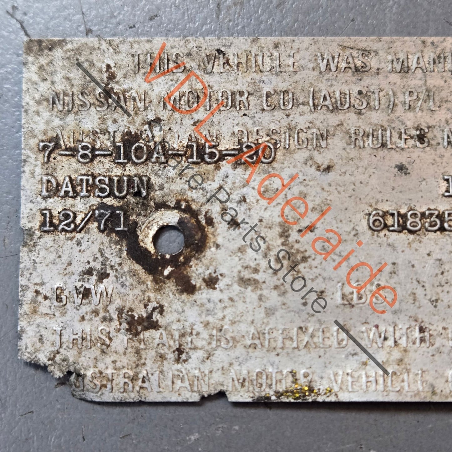 Datsun 1600 Sedan Australian Delivered Chassis ID & Compliance Tags Nostalgic value only, not for registration #61835