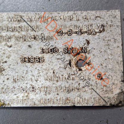 Datsun 1600 Sedan Australian Delivered Chassis ID & Compliance Tags Nostalgic value only, not for registration #61835