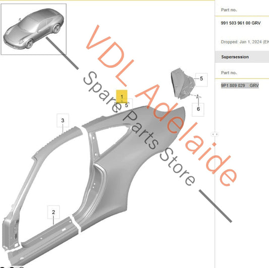 9P1809029GRV    Porsche 911 991 Left Rear Quarter Panel Inner & Outer 9P1809029 GRV
