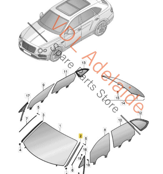 36A854327A   Bentley Bentayga 4V Windscreen Water Deflector Strip Trim Left 36A854327A