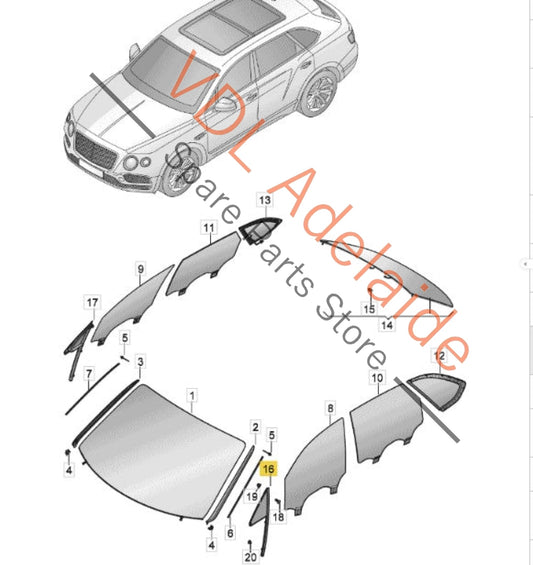 36A845113G   Bentley Bentayga 4V Front Left Quarter Window Glass Insulated Laminated 36A845113G