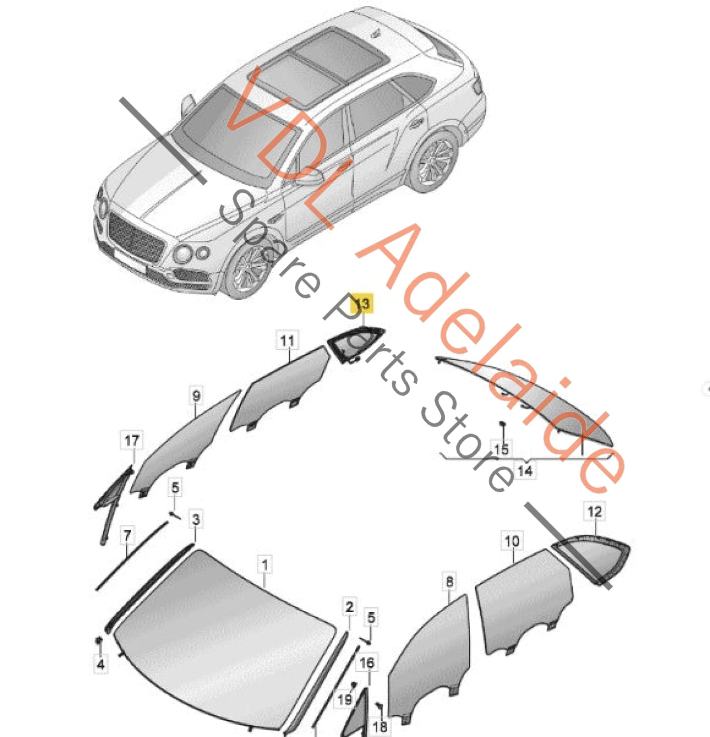 36A845298K 36A845298AJ  Bentley Bentayga 4V Right Rear Quarter Glass Window 36A845298K 36A845298AJ w Chrome Trim