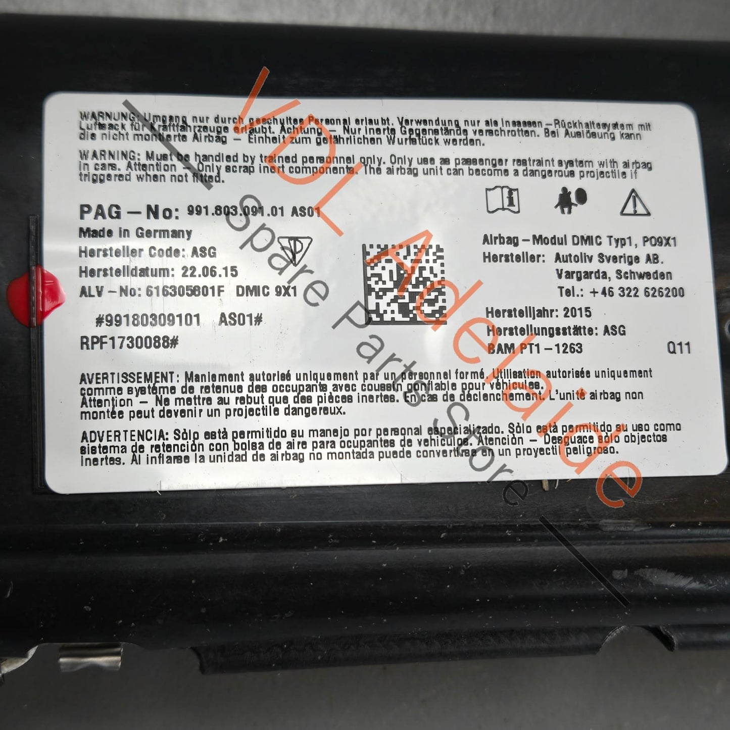 99180309101 99180309107   Porsche 911 991 Left Door Curtain Airbag 99180309107