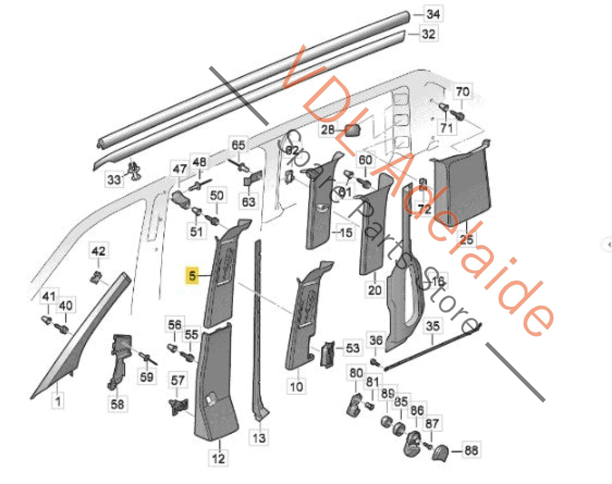7E5867244F 7H5867244L   VW Transporter T5 T6 Right Side B Pillar Trim Upper pearl grey fabric