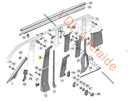 7E5867244F 7H5867244L   VW Transporter T5 T6 Right Side B Pillar Trim Upper pearl grey fabric